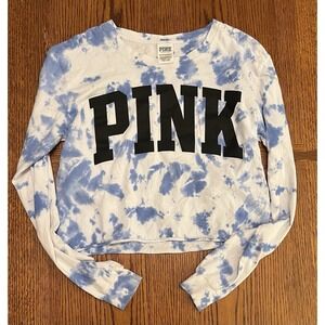 PINK Victoria's Secret Tie Dye Long Sleeve Crop Tee Size XS Blue/White